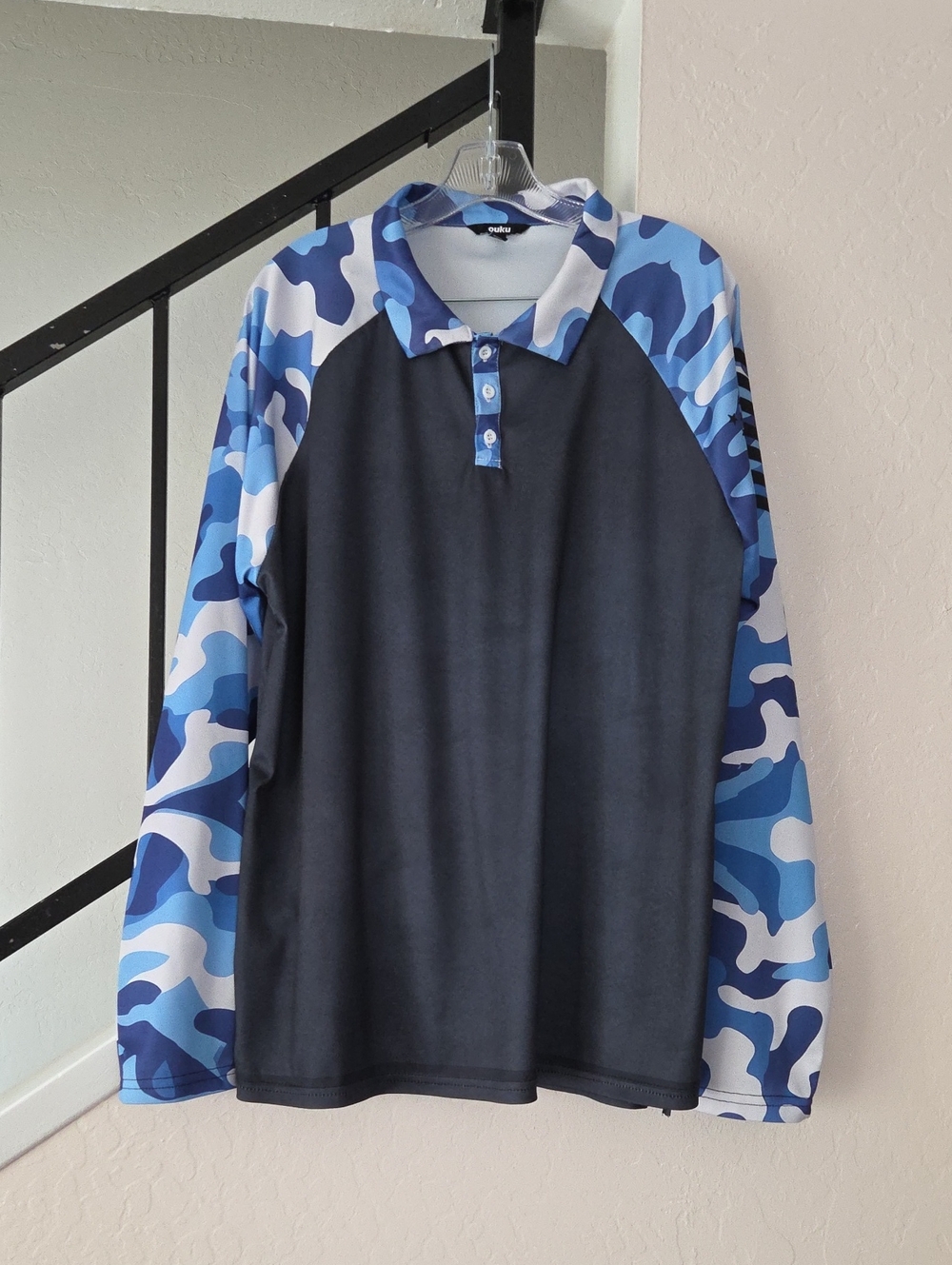Men's Blue Camo Long-Sleeve Polo Shirt Size XL